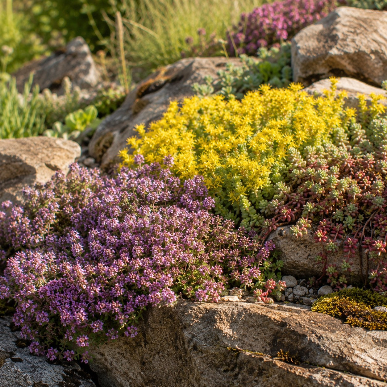 3 bodendeckende Stauden - Thymus serphyllum, Sedum acre , Sedum spurium - Bakker