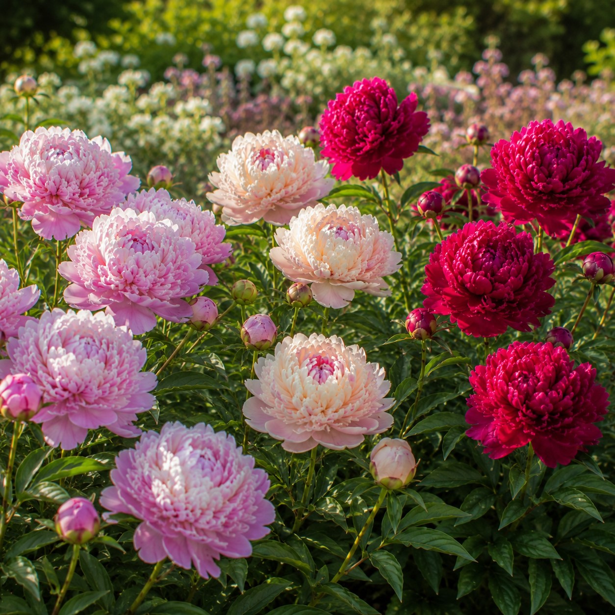 Trio rosa und rote Pfingstrosen - Paeonia lactiflora Sarah Bernhardt, Sorbet, Karl Rosenfield - Bakker