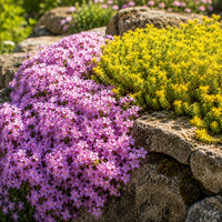 4 bodendeckende Stauden für den Steingarten - Sedum acre, Phlox subulata McDaniel's Cushion - Bakker